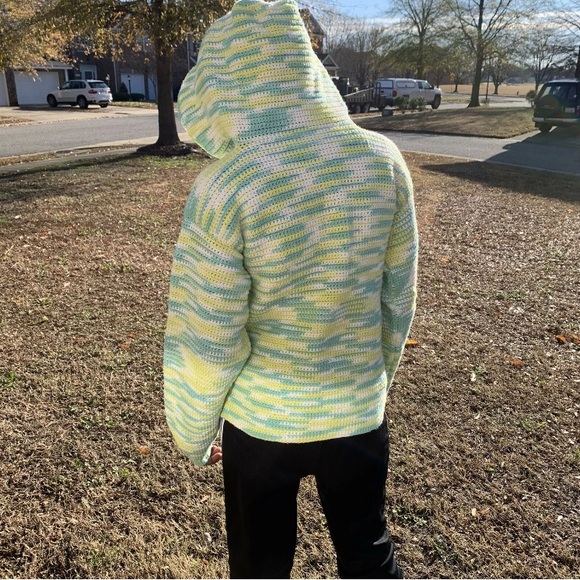 Handmade custom Knit Women's Sweater sXS - small green yellow pullover hoodie - Picture 4 of 6